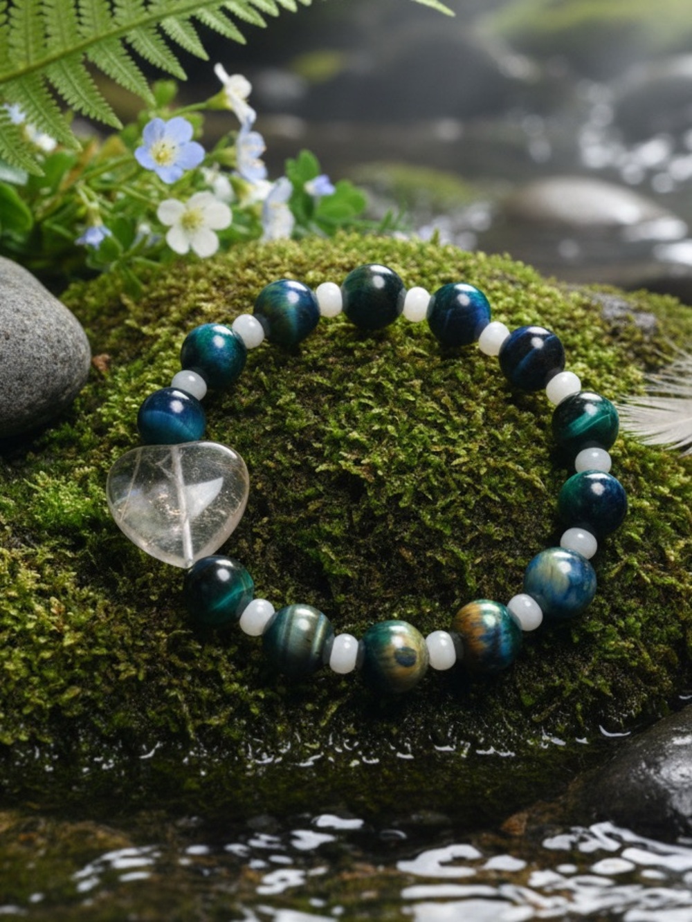 Blue Green Tiger’s Eye Bracelet with Fluorite Heart
